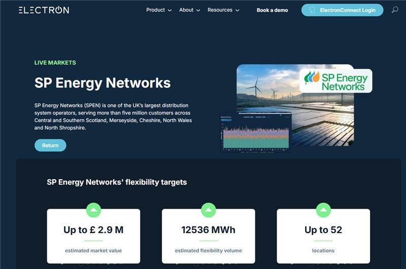 Screenshot of Electron website showcasing partnership with SP Energy Networks and targets to be met.