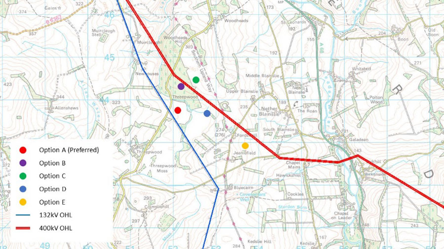 Gala North Site Location Options, A to E. 132kV & 400kV Overhead Lines