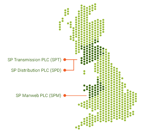 Map showing the three regulated businesses: SP Transmission PLC, SP Distribution PLC and SP Manweb PLC