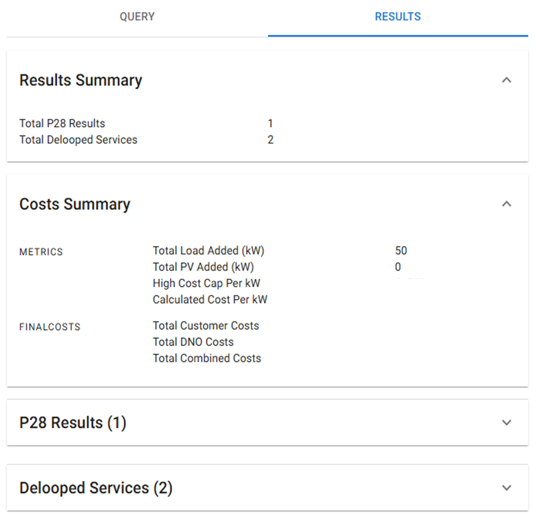 Screenshot displaying a results breakdown including results summary, costs summary
